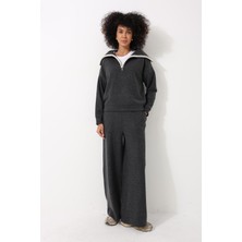 Amida Antrasit Selanik Kumaş Şal Yaka Oversize Fermuarlı Kadın Sweatshirt - 2441