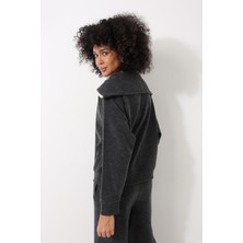 Amida Antrasit Selanik Kumaş Şal Yaka Oversize Fermuarlı Kadın Sweatshirt - 2441