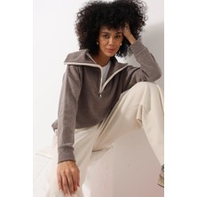 Amida Kahverengi Selanik Kumaş Şal Yaka Oversize Fermuarlı Kadın Sweatshirt - 2441