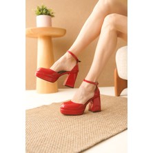 Moda Adam Kadın Gander Platformlu Topuklu Ayakkabı - Kırmızı-Rugan