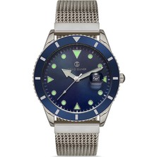 David Guner Gümüş Kaplama Mavi Kadranlı Takvimli Çelik Örme Kordon Erkek Kol Saati