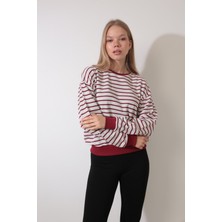 Amida Bordo Çizgili Bisiklet Yaka Selanik Sweatshirt - 2433