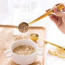 Omilife Paslanmaz Çelik Çay Kahve Bitki Çayı Mutfak Ölçü Kaşığı ve Paket Klipsi Gold