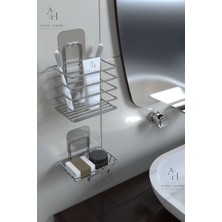Atacı Home Paslanmaz Gümüş Metal Banyo Organizeri - Yapışkanlı Diş Fırçalık ve Sabunluk Seti - 2'li Süper Set