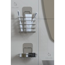 Atacı Home Paslanmaz Gümüş Metal Banyo Organizeri - Yapışkanlı Diş Fırçalık ve Sabunluk Seti - 2'li Süper Set