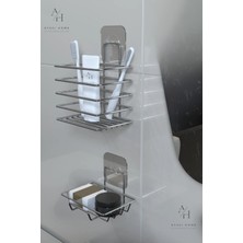 Atacı Home Paslanmaz Gümüş Metal Banyo Organizeri - Yapışkanlı Diş Fırçalık ve Sabunluk Seti - 2'li Süper Set
