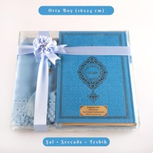 Hayrat Neşriyat Şal + Seccade + Tesbih + Kuran Hediye Seti (Orta Boy, Termo Deri, Açık Mavi)