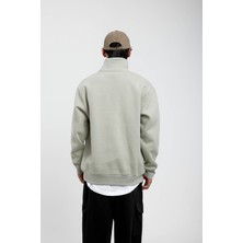 Mint Yeşili Yakası Fermuarlı Basic Şardonlu Sweatshirt