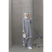 Dipmoda kadın gri tesettür triko alt üst ikili takım NMS023