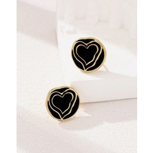 SE Jewellery Gold Siyah Mineli Kalp Detaylı Şık Minimal Küpe