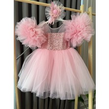 Baby Babyaden Pullu Payetli Tütü Kabarık Doğum Günü Parti Kostüm Şeker Pembe Abiye Kız Çocuk Elbisesi