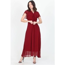 Dip Moda  Kadın Yeni Sezon Kruvaze Yaka Bağlama Detaylı Uzun Şifon Elbise DP0001