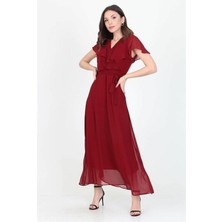 Dip Moda  Kadın Yeni Sezon Kruvaze Yaka Bağlama Detaylı Uzun Şifon Elbise DP0001