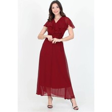 Dip Moda  Kadın Yeni Sezon Kruvaze Yaka Bağlama Detaylı Uzun Şifon Elbise DP0001