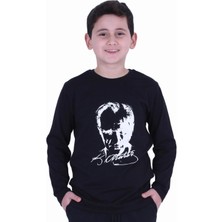 Atatürk Baskılı UZUN KOL Baskılı Atatürk Imzalı Unisex Çocuk T-shırt