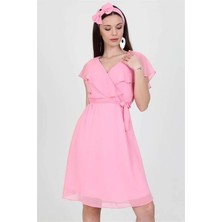 Dipmoda kadın midi boy yeni sezon kruvaze yaka melek kol şifon elbise RY8081