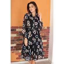 Dipmoda kadın siyah kemerli gömlek yaka şifon elbise RY0031