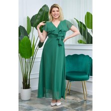 Dipmoda Kadın Zümrüt Yeşili Kruvaze Yaka Bağlama Detaylı Astarlı Şifon Elbise KTS001