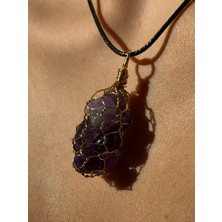 Pure Gem Ametist Doğal Taş Kolye Tel Örme Model