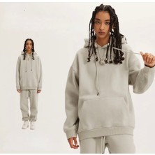 Amor Face Özel Tasarım Kapüşonlu Baskısız Düz Renk Şardonlu Kışlık Dış Mekan Kadın Eşofman Takımı