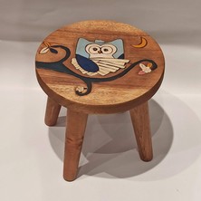 Miamantra Baykuşlu Ahşap Çocuk Taburesi / Ahşap Boyalı ve Oymalı Çocuk Tabure (Portatif Ayaklı )Yükseklik: 24 Cm, Çap: 26 cm