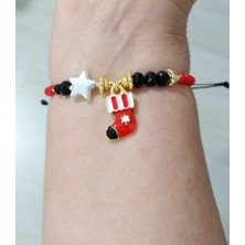 Funny Takı Noel Süslü Yıldızlı Siyah ve Kırmızı Kristal Boncuklu Yılbaşı Bileklik