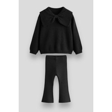 Magu Triko Fiyonk Desenli Kışlık Pamuklu Sweatshirt Tayt Alt-Üst Takım Kız Çocuk