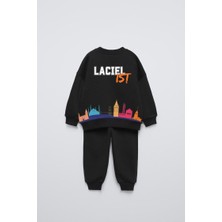 Magu Siyah Istanbul Desenli Kışlık Pamuklu Sweatshirt Eşofman Alt-Üst Takım Unisex