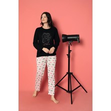 Sude Homewear Kadın Siyah Renk Kedi Desenli Uzun Kol Mevsimlik Pijama Takımı