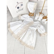 Kız Bebek Krem Önden Çift Sıra Krem Dantelli Elbise Set