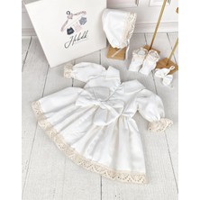 Kız Bebek Krem Önden Çift Sıra Krem Dantelli Elbise Set