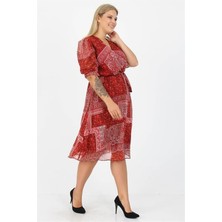 Dip Moda Dipmoda kadın kruvaze yaka midi boy büyük beden etnik Desenli şifon elbise DP80623