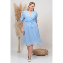 Dip Moda Dipmoda kadın bebe mavisi kruvaze yaka büyük beden şifon elbise DP8062