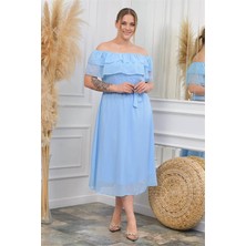 Dip Moda Dipmoda kadın bebe mavisi kuşaklı büyük beden şifon elbise DP8061