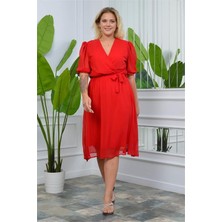 Dip Moda Dipmoda kadın kruvaze yaka midi boy büyük beden şifon elbise DP8062