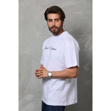 Reyaz Bisiklet Yaka Baskılı Oversize T-Shirt - Beyaz