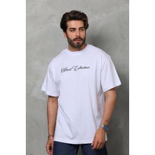 Reyaz Bisiklet Yaka Baskılı Oversize T-Shirt - Beyaz