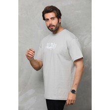 Reyaz Bisiklet Yaka Baskılı Oversize T-Shirt - Gri