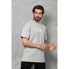 Reyaz Bisiklet Yaka Baskılı Oversize T-Shirt - Gri