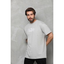 Reyaz Bisiklet Yaka Baskılı Oversize T-Shirt - Gri