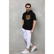 Reyaz  Kapşonlu Kısa Kol Oversize Baskılı T-Shirt - Siyah