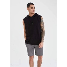 Reyaz Kapşonlu Kolsuz Düz Oversize T-Shirt - Siyah