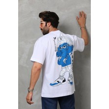 Reyaz Bisiklet Yaka Baskılı Oversize T-Shirt - Beyaz