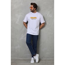 Reyaz Bisiklet Yaka Baskılı Oversize T-Shirt - Beyaz