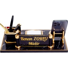 Merlin Mermer Desenli Ahşap Masa İsimliği Ofis Masaüstü İsimlik Seti Hediye