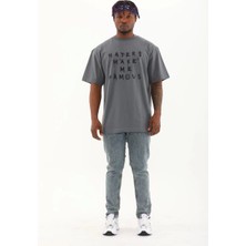 Reyaz Oversize Baskılı Bisiklet Yaka T-Shirt - Füme