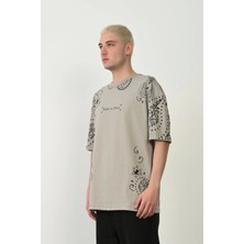 Reyaz  Baskılı Bisiklet Yaka Oversize T-Shirt - Boyalı Gri