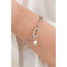 TMT Silver Gümüş Kalpli ve Ortası Oval Ataç Zincir Hallow Taşsız Bileklik