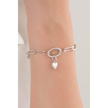 TMT Silver Gümüş Kalpli ve Ortası Oval Ataç Zincir Hallow Taşsız Bileklik