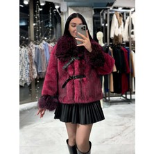 Foxy Ithal Vip Deri Kemer Detaylı Tilki Görünümlü Benekli Yaka Detaylı Kürk Siyah Fuşya
